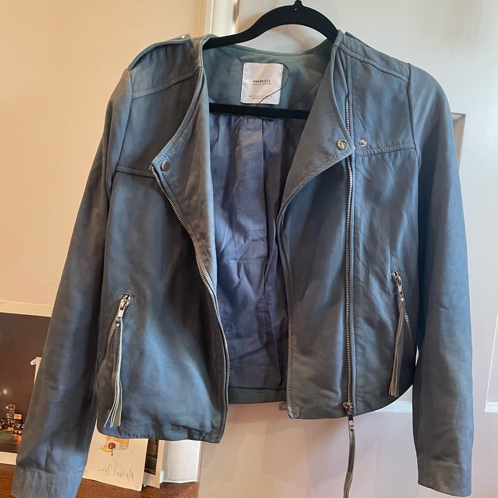 Mango Blue Leather Biker Jacket